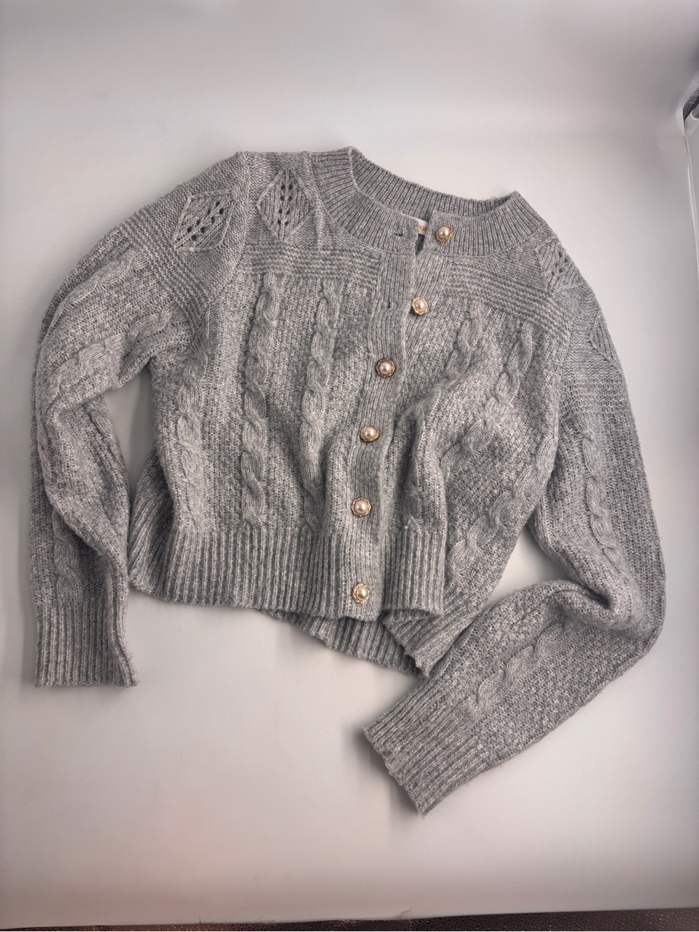 Gray Cable-Knit Button Cardigan Sweater - Women